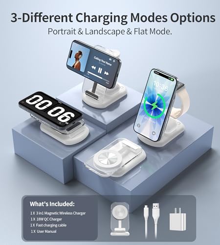 3 in 1 Magnetic Wireless Charging Station for Apple Devices | Fast Travel Charger Stand with Night Light for MagSafe-enabled iPhone 17 16 15 14 13 12 Series, Apple Watch/AirPods Pro, WH - color: White