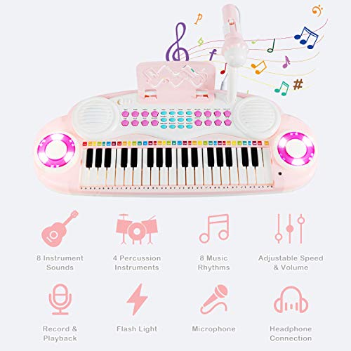 Costzon 37 Keys Electronic Keyboard Piano for Kids, Portable Musical Keyboard with Rhythm Light, Microphone, Recording, Music Stand, 8 Tone Keys, 4 Percussion Instruments (Pink) - style: Pink