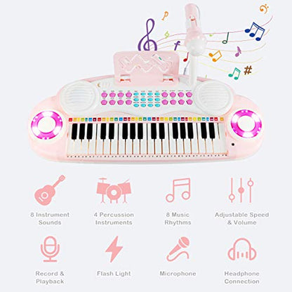 Costzon 37 Keys Electronic Keyboard Piano for Kids, Portable Musical Keyboard with Rhythm Light, Microphone, Recording, Music Stand, 8 Tone Keys, 4 Percussion Instruments (Pink) - style: Pink