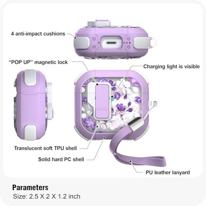 WENEW Case for AirPods 4th Case Cover Secure Lock Automatic Snap Switch Clip Cleaner Kit Lanyard Women Stylish Flower Armour Hard Shell Full Body Front LED Visible (Purple Flower, AirPods 4th) - color: Purple flower, size: AirPods 4
