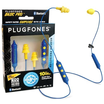 Plugfones Basic Pro Bluetooth Earplug Headphones for Work, OSHA Compliant | 25dB NRR Hearing Protection Earplugs, Wireless Safety Earbuds, Noise Isolating Mic, Construction, Warehouse, Blue & Yellow - color: Blue, Yellow