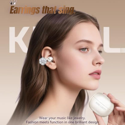 King Lucky i121 Open Ear Clip On Earbuds Wireless Bluetooth Ear Clip Headphones with Mic,Noise Cancelling, Waterproof IPX4,for Small Ears,Perfect for Running,Sports,Glasses Wearers (02-White) - color: 02-White