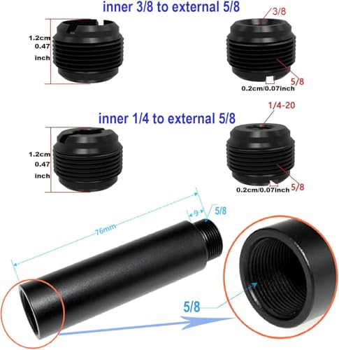 Microphone Mount Adapter Screw Set, 14 Pack, Black Aluminum Alloy, 3/8 Turn, 5/8 and 1/4 Thread, With Extension Tube, For Microphone Cantilever Camera Tripod Projector Stand, Fill Light
