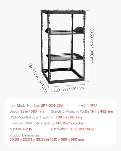 VEVOR 20U Server Rack, Open Frame Network Rack,4-Post Floor Standing or Wall Mounted, Includes 2PCS Vented 1U Rack Shelves & Mounting Hardware, Computer Wall Rack for 19" IT/AV Equipment - size: 20U Server Rack