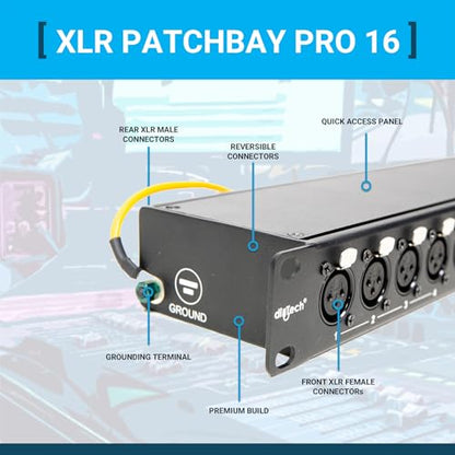 DIYTECH 16 Port XLR Patchbay — Balanced Patch Bay Audio Snake Panel with Reversible XLR Connectors, Metal Rack-Mount Chassis, Mounting Screws Included — Studio, Live Sound & Broadcast