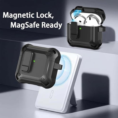 for AirPods 4 Case with Lock Magnetic Lid MagSafe, Black | Compatible with Apple AirPods 4th Generation Protective Case with Cleaner Kit & Carabiner, Powerful Drop Protection - color: DHF-Black, size: Airpods 4th Generation