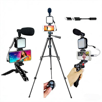 Vlogging Kit for iPhone, Vlogging kit for Android Phone,YouTube Starter Kit with Two Tripods Light Microphone Remote and Jack Adapter - size: M with Shotgun Mic