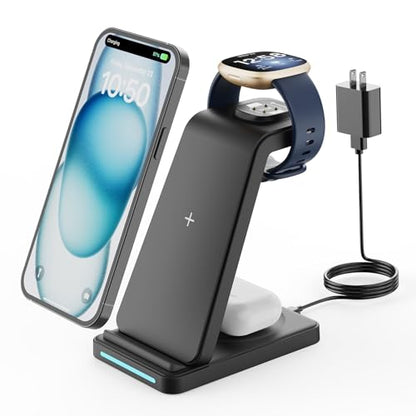 Wireless Charger for Fitbit Charging Station - GEEKERA 3 in 1 Phone Charger Stand for Fitbit Watch Sense 2/Sense/Versa 4/3, iPhone, Samsung, Google Pixel Phones, Androids, Airpods 4/3/2 - color: Black