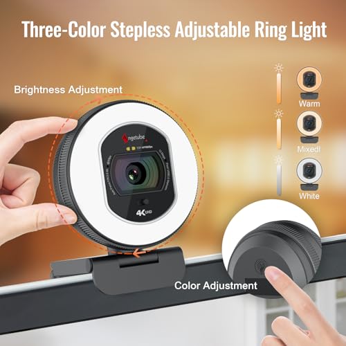Angetube 4K Webcam with Light for PC, UHD Computer Web Camera for Desktop | TOF AutoFocus, 2 AI Noise Reduction Mics, 1080p@60FPS, USB Streaming Web Cam Built in Privacy Cover for Laptop Mac Zoom Teams - size: TOF 4K Webcam with Ring Light