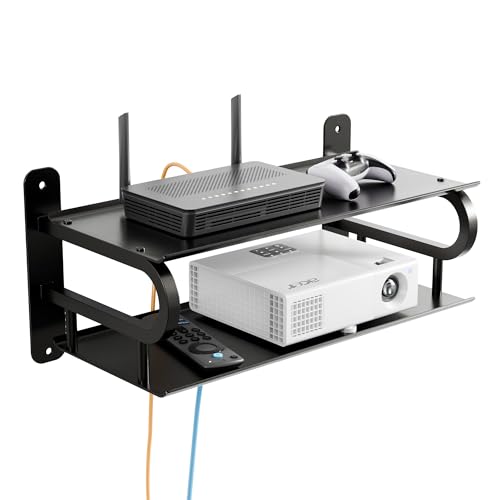 16" X 10" Floating Projector Shelf for Wall, WiFi Router Shelf with Cable Hole for TV Components|DVD Players|Games Consoles, Projector Wall Mount Shelf for Living Room,Bedroom,Office-Black