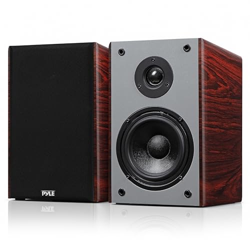 Pyle 5.25” Wired Bookshelf Speakers Pair – 2-Way HiFi Stereo Home Theater Speakers with Silk Dome Tweeter, Woven Woofer, Magnetic Grille and Wall Mount Brackets, Cherry Finish - color: Cherry, size: 5.25 inch