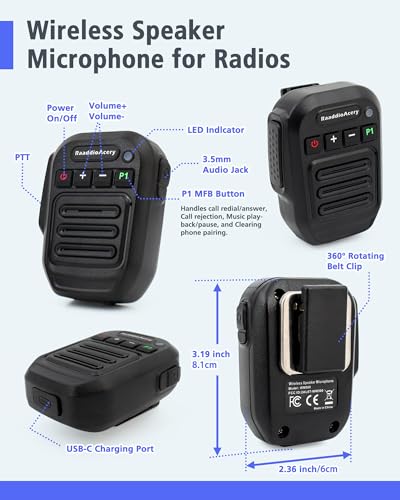 Wireless Speaker Microphone for Icom ID-51A ID-31A ID-52A IP100H IP501H – 33ft Range Hand Mic with 360° Belt Clip, USB-C Charging, 3.5mm Jack for Security & Warehouse Use