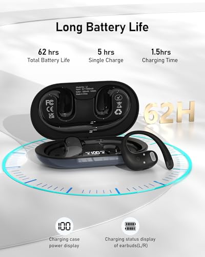 Open Ear Headphones Bluetooth 5.4, 62H Playtime, Air Conduction Wireless Earbuds with Ergonomic Earhooks, ENC Mic,IPX5,Physical Buttons, Comfort-Fit for Running, Cycling, Workouts