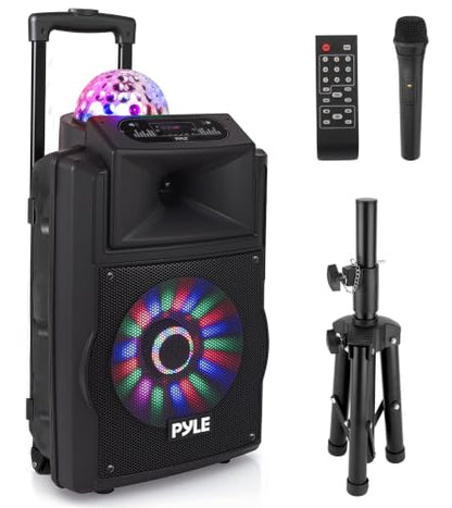 Wireless Portable PA Speaker System - 700 W Battery Powered Rechargeable Sound Speaker and Microphone Set with Bluetooth MP3 USB Micro SD FM Radio AUX 1/4" DJ Lights - for PA/Party - Pyle PSUFM1280B - color: Black