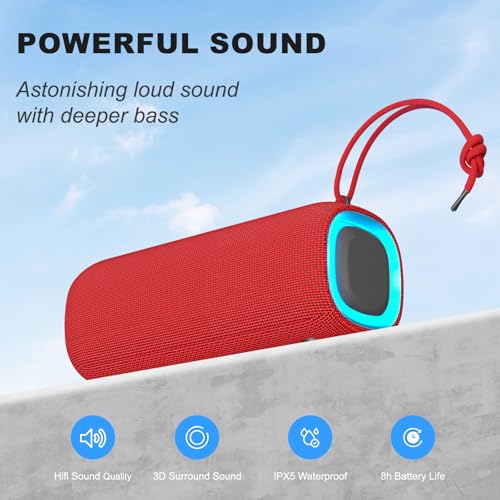 PEICHENG Bluetooth Speaker, Portable Wireless Clear Loud Stereo Sound IPX5 Waterproof with RGB Lights BT5.3 Long Playtime TWS Pairing,for Home Party Outdoor Beach,Great Gift Choice (Red) - color: Red