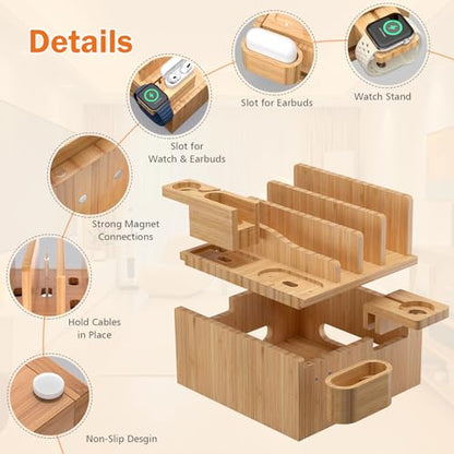 Pezin & Hulin Multiple USB Charging Station Including Charger HUB, 5 Cables | Wooden Bamboo Dock Station for Cell Phones, Tablets, Earpods and Smart Watch -Natural Bamboo