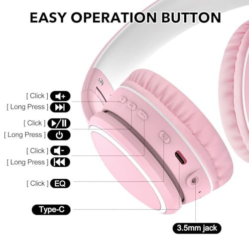 B10 Wireless Over-Ear Headphones, Lightweight Folding Stereo Bass Bluetooth Headset with Mic, 50H Playtime, Volume Control, Bluetooth 5.3 Headphones for iPad/Travel/Tablet/PC (Pink) - color: Pink