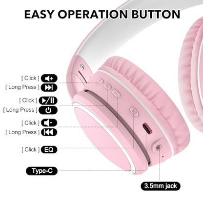 B10 Wireless Over-Ear Headphones, Lightweight Folding Stereo Bass Bluetooth Headset with Mic, 50H Playtime, Volume Control, Bluetooth 5.3 Headphones for iPad/Travel/Tablet/PC (Pink) - color: Pink