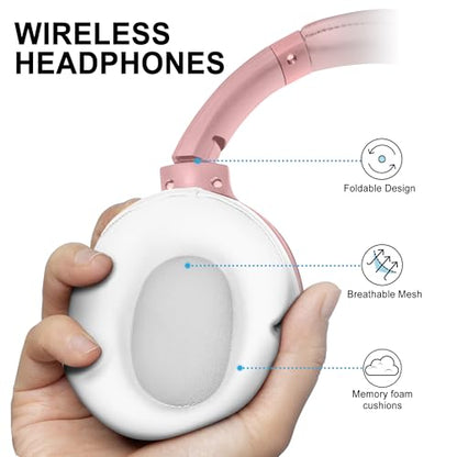 Fisher Pro Active Noise Cancelling Headphones,Over-Ear Headphones Wireless | Bluetooth 5.3, Microphone, Lightweight Comfortable Headset for Home, Travel, Rechargeable Workout Headphones, Deep Base - color: Rose Gold