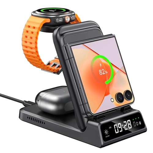 3-in-1 Charging Station for Samsung Z Flip 8/7/7 FE/6/5/4/3, SwanScout 703F | Wireless Charger, Only for Samsung Watch (Not for Watch 9/Ultra 2), Foldable, for Travel, Adapter Not Included
