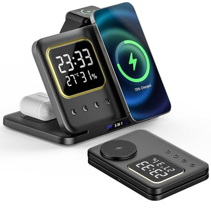 IHAO 5in1 Multi Functional Wireless Charging Station Digital Clock 15W Fast Charging Temperature Display Wireless Charger for All Qi Phone and TWS Headphone Compliant with Apple Watch-DH15 Black - color: 5in1 wireless Charger Station D15 Black