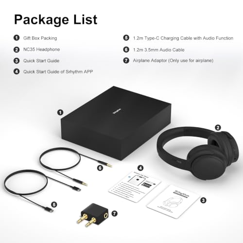 Srhythm NiceComfort 35(2nd Gen)Noise Cancelling Headphones 4-Speakers 40kHz | HD Sound,140 Hours' Ultra-long Playtime for Travel,Bluetooth 6.0,5 Microphones ENC,Transparency,Spatial Audio,Low Latency - color: Matte Black