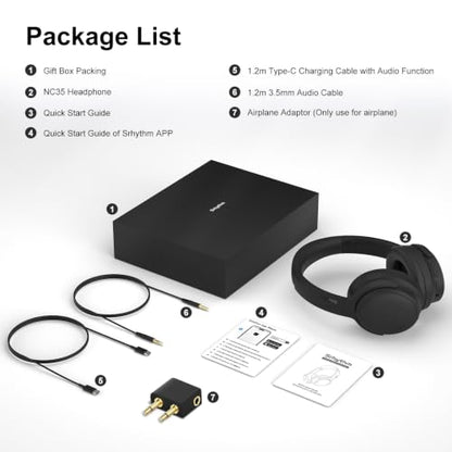 Srhythm NiceComfort 35(2nd Gen)Noise Cancelling Headphones 4-Speakers 40kHz | HD Sound,140 Hours' Ultra-long Playtime for Travel,Bluetooth 6.0,5 Microphones ENC,Transparency,Spatial Audio,Low Latency - color: Matte Black
