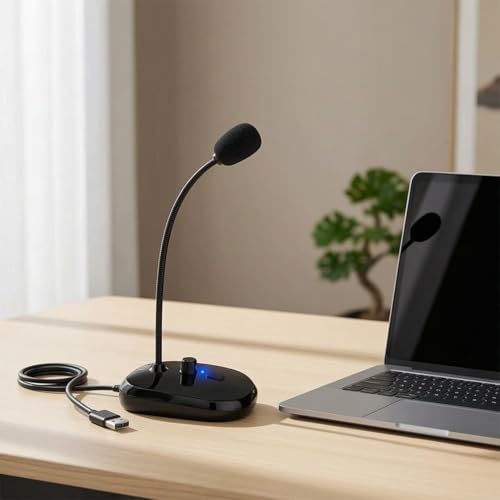 USB Computer Microphone, Desktop Gooseneck Condenser Mic with Mute Button & Volume Control, 360° Flexible Plug & Play Audio