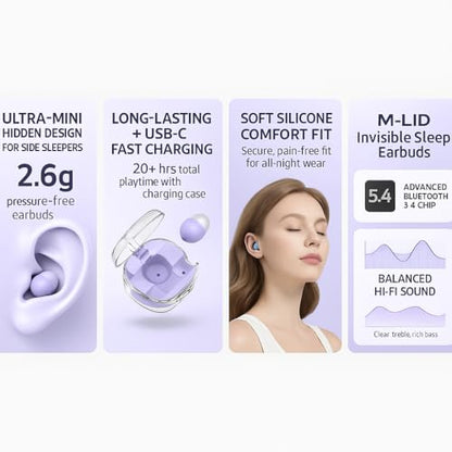 M-LID YH8 Invisible Sleep Earbuds Bluetooth 5.4 – Ultra-Mini Soft Silicone Wireless Earbuds for Side Sleepers, Hidden in-Ear Design, Noise-Reducing Comfort Fit, Hi-Fi Sound, Charging Case