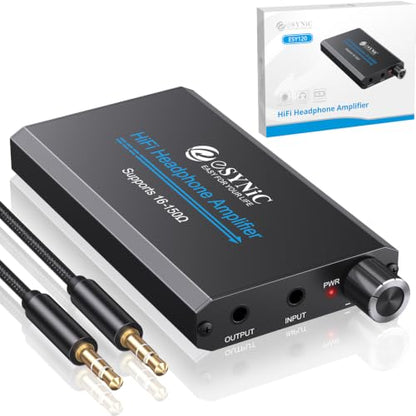 eSynic Rechargeable 16-150Ω Headphone AMP Poratble-3.5MM Audio in & Out | Metal Case Headphone Amplifier with Volume Control-2-Stage Gain Switch Function- 12h Playtime-For Car/MP3&4/Phone/PC/Laptop