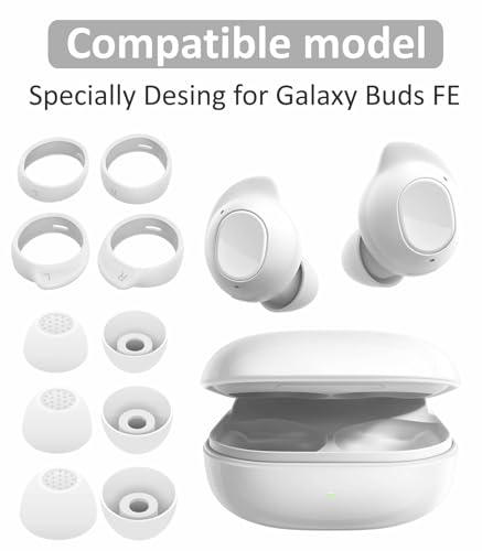 Galaxy Buds FE Ear Tips Ear Hooks Kit, 5 Pairs Replacement Fit in Case Silicone Earbuds Earplug Anti Slip Sport Outdoor Wings Compatible with Samsung Galaxy Buds FE 2023 - White