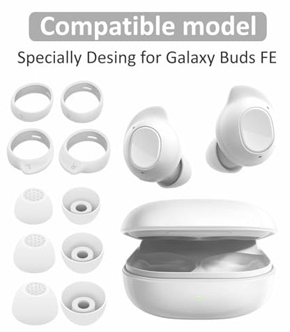 Galaxy Buds FE Ear Tips Ear Hooks Kit, 5 Pairs Replacement Fit in Case Silicone Earbuds Earplug Anti Slip Sport Outdoor Wings Compatible with Samsung Galaxy Buds FE 2023 - White