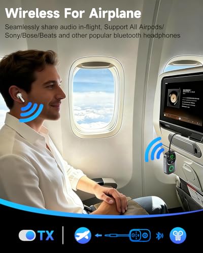LED Display 2 in 1 Bluetooth 6.0 Transmitter Receiver 3.5mm AUX Jack RCA Wireless Audio Adapter Dongle for Airpods Headphones TV Airplane Flight Car Speaker Home Stereo, Dual Pairing & Handsfree Call - color: Black AUX+RCA+Aircraft