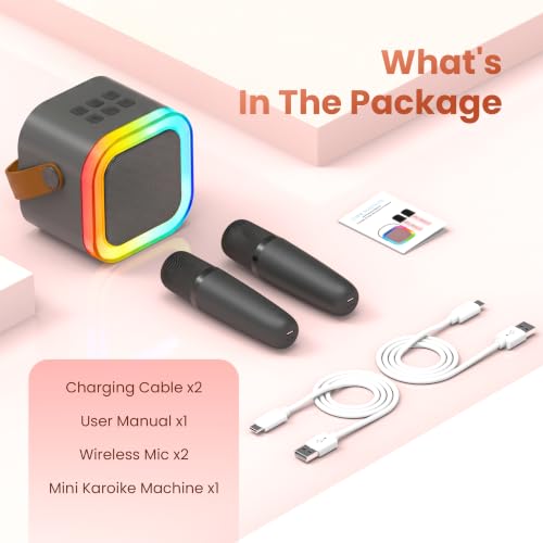 Mini Karaoke Machine, Portable Bluetooth Speaker & 2 Wireless Microphones | Karaoke Player Karaoke Microphone For Family Home Party Outdoor With HI-FI Sound | 5 Magic Sound | PA System | USB | TF | AUX - color: Grey