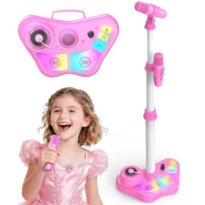 Kids Rechargeable Karaoke Machine Toys with Adjustable Stand, 3-5 4-6 7 8 Year Old GirlsWireless Microphone Gifts, Bluetooth Speaker with 2 Mic Toddler Birthday Gift for Girl Ages 3-8 - color: Pink