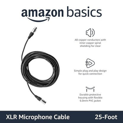 Amazon Basics XLR Male to Female Microphone Cable for Recording Studio, Speaker or PA System, All Copper Conductors, 3-Pin, Shielding, 6MM PVC Jacket, 25 Foot, Black (Pack of 2) - size: 25 Feet (Pack of 2), style: 1-Pack