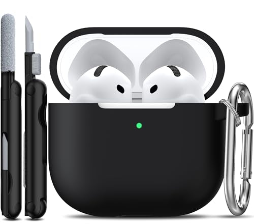 for AirPods 4 Case Silicone Protective Cover, Black | Compatible for Apple AirPods 4th Generation with Cleaner Kit & Keychain, Wireless Charging Compatible - color: Black