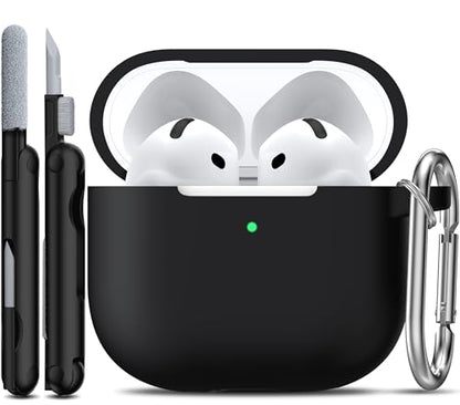 for AirPods 4 Case Silicone Protective Cover, Black | Compatible for Apple AirPods 4th Generation with Cleaner Kit & Keychain, Wireless Charging Compatible - color: Black