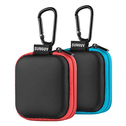 SUNGUY [2-Pack Earbud Case, Portable Square Earphone Carrying Cases with 2 Carabiners for Earphones, Earbuds, Earpieces, SD Memory Card, Camera Chips - Red+ Blue - color: Red+Blue