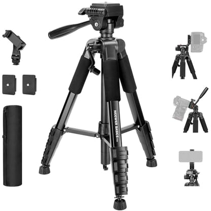 NEEWER Basics TP56 Camera Tripod, 74" Tripod with Cell Phone Holder Mount | Compatible with iPhone for Video Recording, Professional Aluminum Lightweight Portable Travel Stand, 3 Way Pan Tilt Head - style: TP56