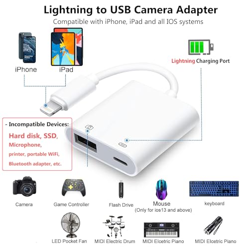 KikoSaka Lightning to USB Camera Adapter with Lightning Charging Port | USB 3.0 Female OTG Cable Keyboard Mouse for iPhone 14 13 12 11 X 8 7 6 No Support USB C, SSD, Hard Disk