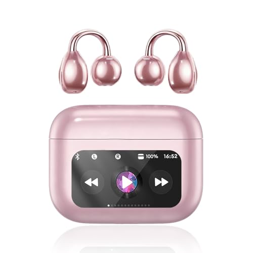 Clip On Ear Headphones, Open Ear Earbuds Wireless Bluetooth 5.4, Clip On Earbuds with LCD Touchscreen, Lightweight Comfort Open Ear Headphones for Pad Tablet Laptop Android/iOS Phones (Pink) - color: Pink
