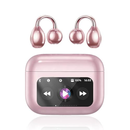 Clip On Ear Headphones, Open Ear Earbuds Wireless Bluetooth 5.4, Clip On Earbuds with LCD Touchscreen, Lightweight Comfort Open Ear Headphones for Pad Tablet Laptop Android/iOS Phones (Pink) - color: Pink