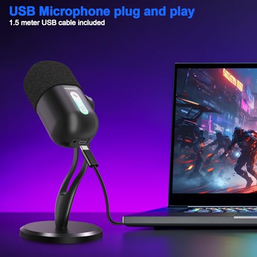 USB Microphone for PC, Cardioid Condenser Microphone with Active Noise Cancellation, Quick Mute, Built-in Headphone Jack, Gaming Mic with Table Stand, for Live Streaming, Instruments, Podcast