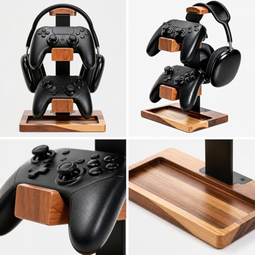 Acacia Wood Gaming Headset Stand & Dual Controller Holder, Solid Wood Desk Organizer Compatible with PS5, Xbox, Switch, Over-Ear Headphones, Gamer Gift for Men