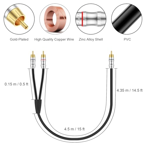 J&D RCA Cable, 1 RCA Male to 2 RCA Male Y-Splitter Digital Stereo Audio Cable Subwoofer Cord for Subwoofer, Home Theater, 15 Feet - size: 15 Feet