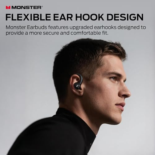 Monster N-Lite 216 Wireless Earbuds, Sports Earbuds with Earhooks, Noise Cancelling Headset, Stereo Deep Bass Over Ear Buds 48H Playtime, IPX6 Waterproof Earphones for Sports/Running/Workout（Black）