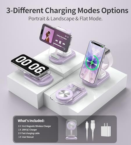 3 in 1 Magnetic Wireless Charging Station for Apple Devices | Fast Travel Charger Stand with Night Light for MagSafe-enabled iPhone 17 16 15 14 13 12 Series, Apple Watch/AirPods Pro, PU - color: Purple
