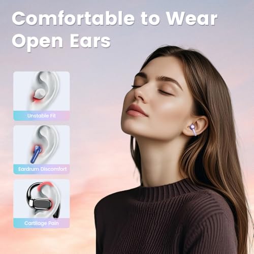 Piluyaa Clip-on Earbuds, Open Ear Earbuds with LCD Touchscreen Wireless Bluetooth 5.4, Lightweight M100 Open Ear Headphones with C-Shaped Bridge, Slim Hook,48H Battery, for Sports, Fitness (Purple) - color: Purple