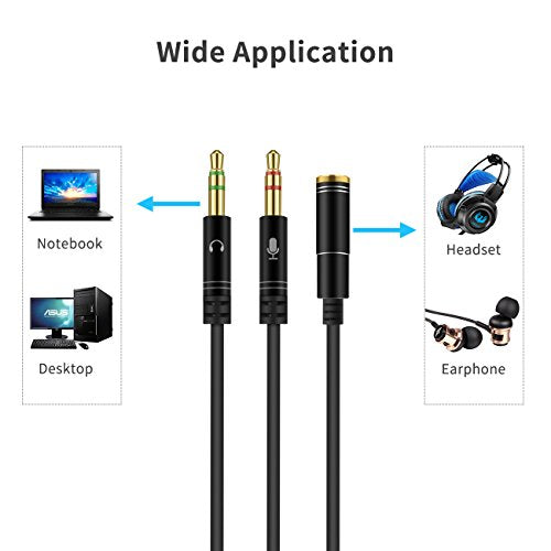 Headphone Splitter for Computer 3.5mm Female to 2 Dual 3.5mm Male Headphone Mic Audio Y Splitter Cable Smartphone Headset to PC Adapter(35CM, Black) - color: Black, size: 35CM